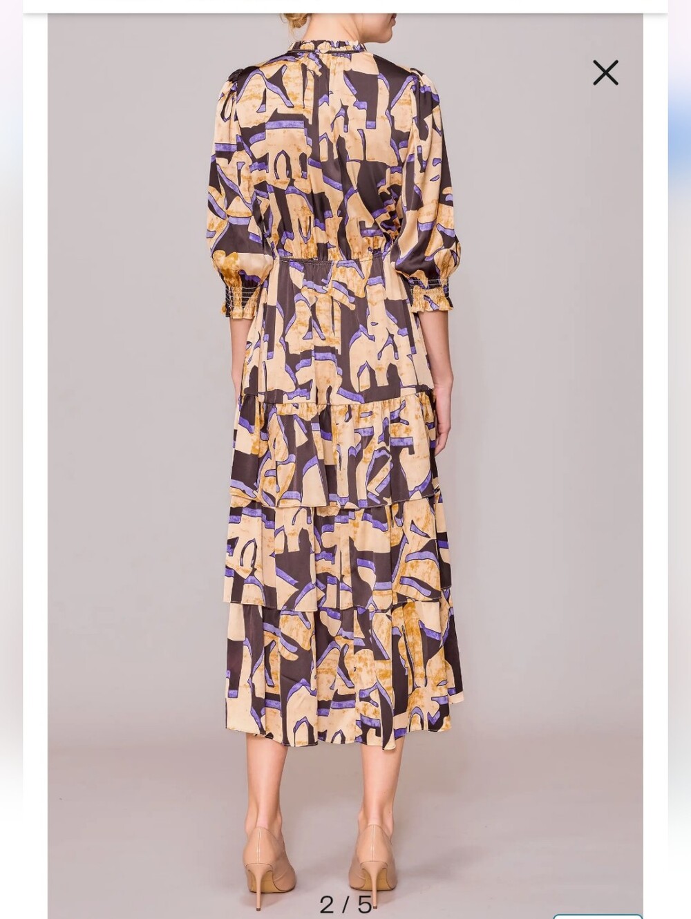 Melloday Abstract Print Tiered Midi Dress in Beige and Purple - Picture 2 of 13